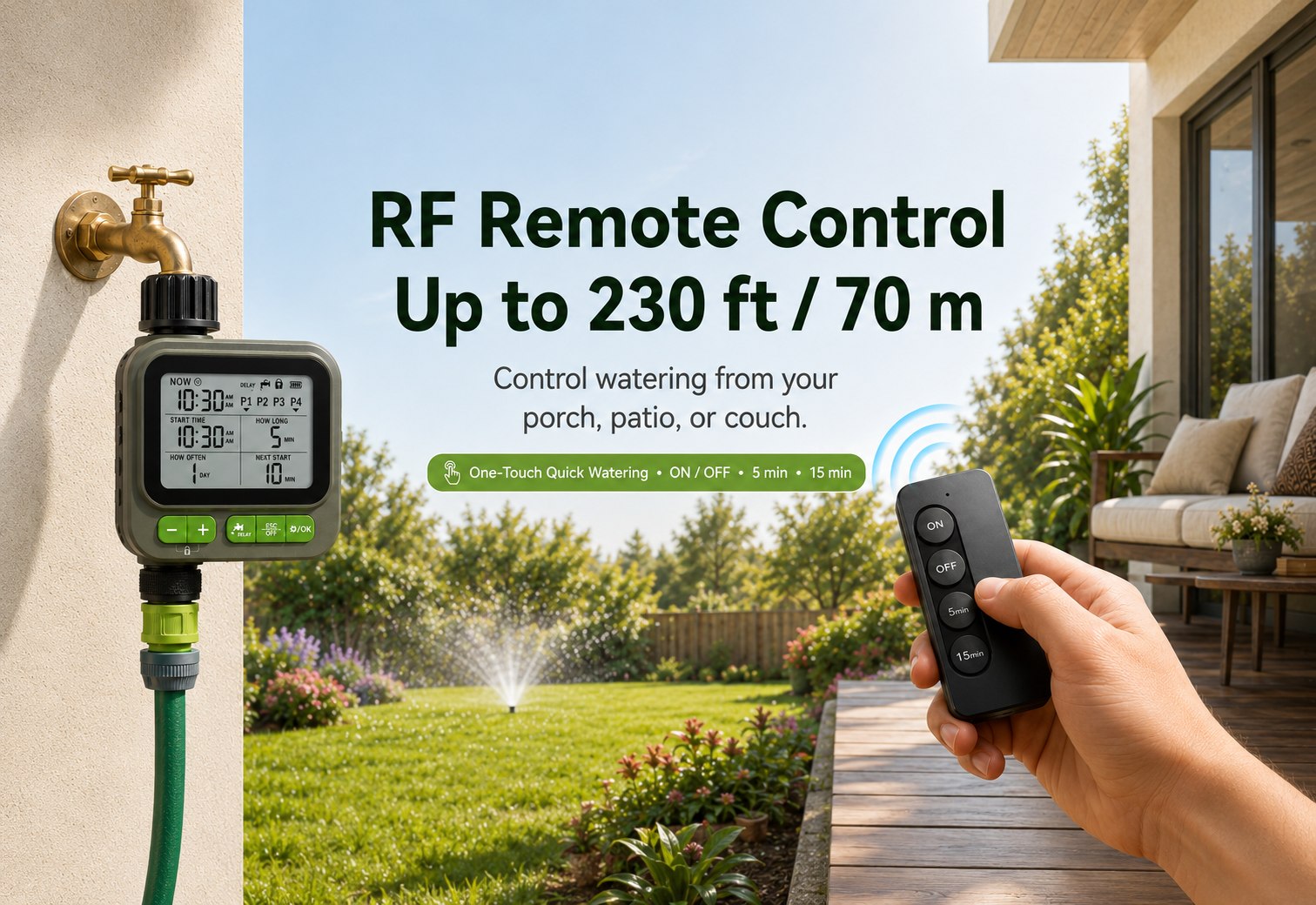 GardPilot watering timer and remote beside a garden watering connection