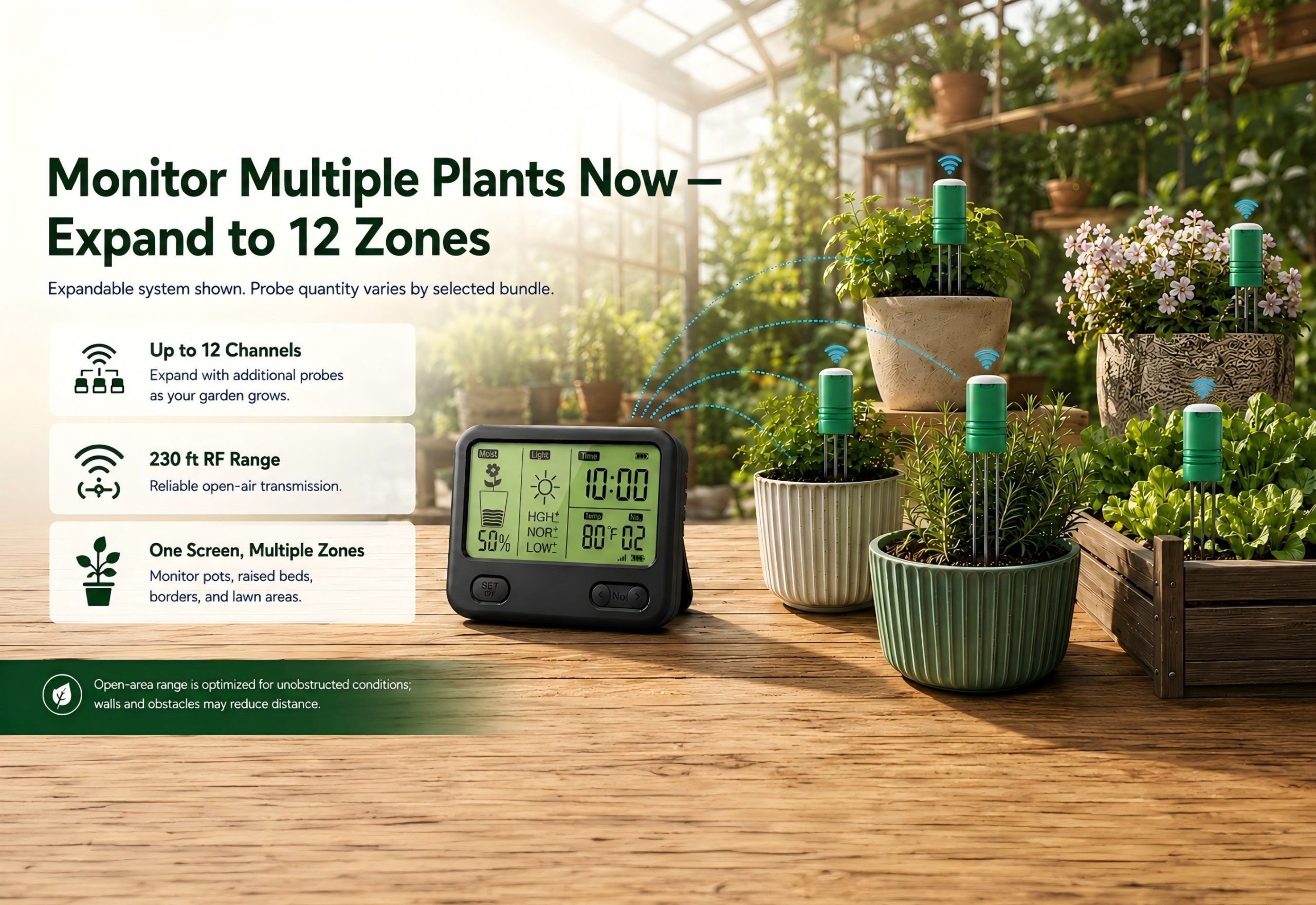 Several potted plants arranged around a GardPilot soil monitor